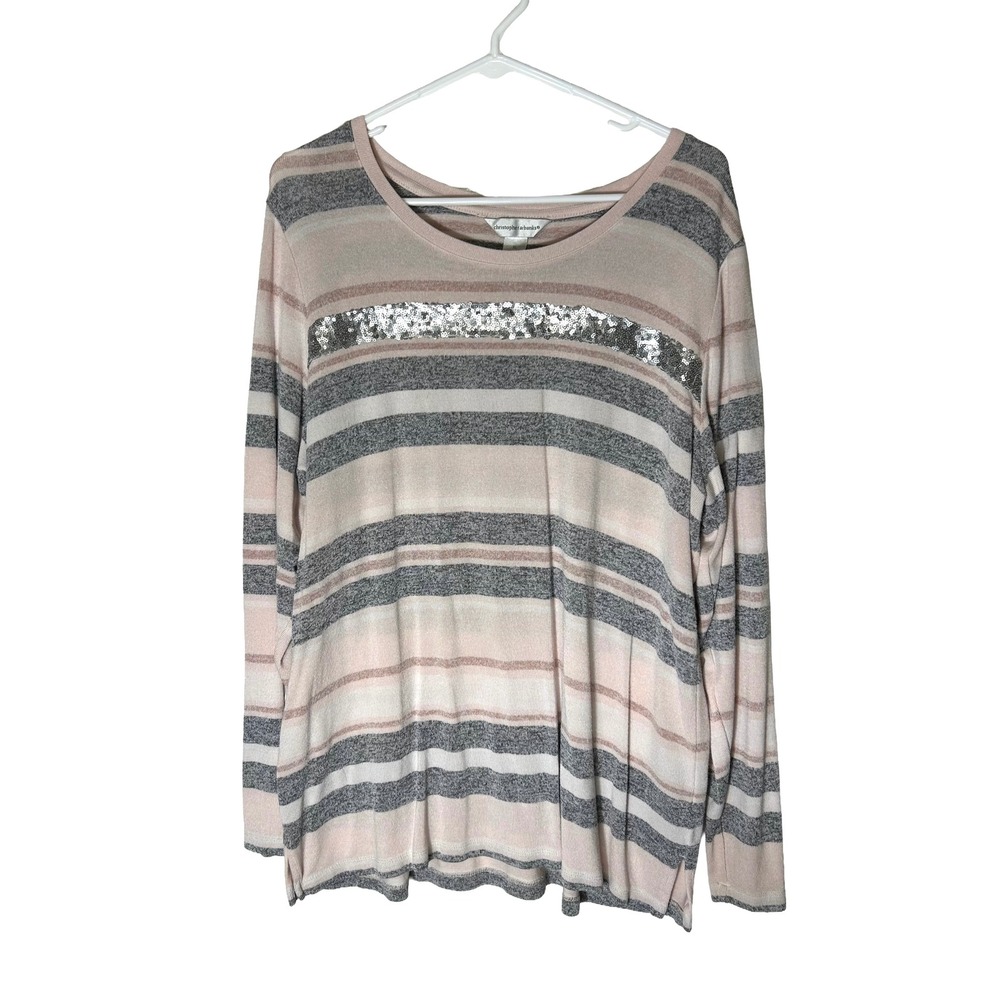 Christopher & Banks Womens XL Pink Grey Striped Sequin Long Sleeve Knit Top